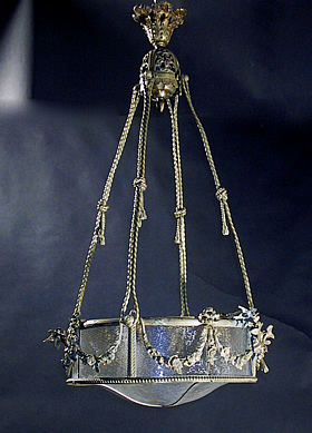 French Bronze Chandelier with Leaded Glass Basket